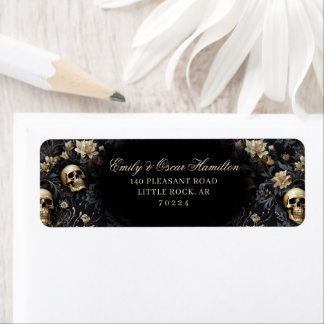 Returadressen Guld i mörk Gothic Blommigt Skull Returadress Etikett