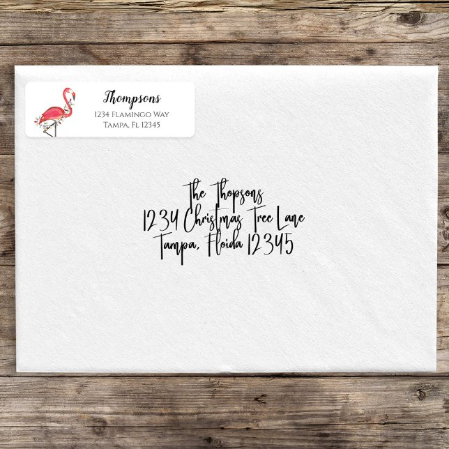 Returadressen Helgdag Rosa Flamingos Returadress Etikett (Christmas holiday lights pink flamingo return address labels. )