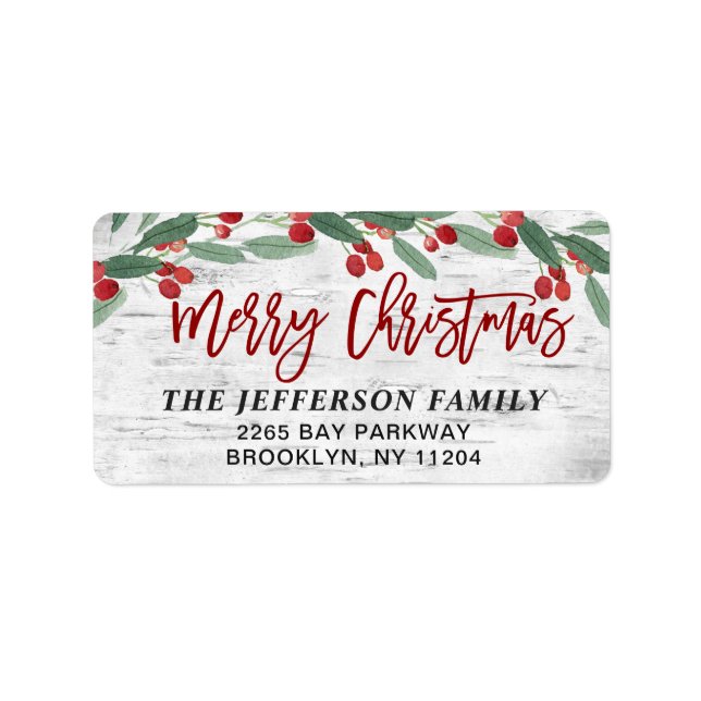 Returadressen jul Holly Berry Rustic Birch Adressetikett (Framsidan)