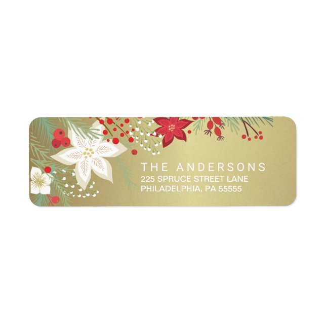 Returadressen Jul Poinsettia Faux Gold Foil Returadress Etikett (Framsidan)
