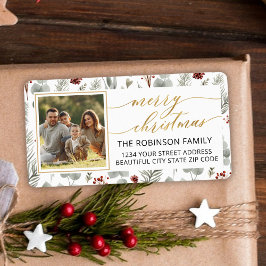 Returadressen Julfoliage Guld Script Photo Adressetikett
