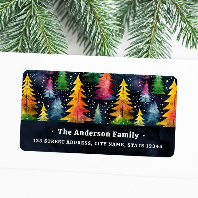 Returadressen Julgranar med färgämnen Adressetikett (Colorful watercolor Christmas trees return address Label)