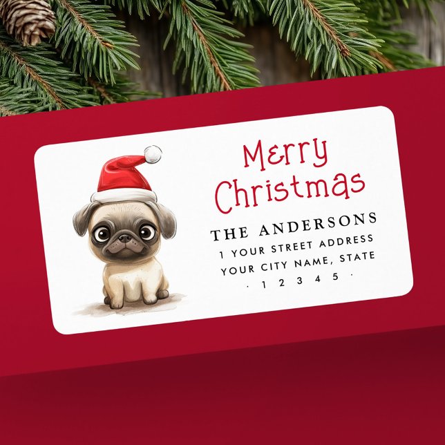 Returadressen Juli för hund för kugghjul Adressetikett (Cute pug dog Santa hat Christmas return address Label)
