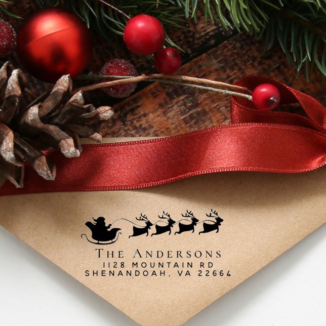 Returadressen jultomten Reindeer Självfärgande Stämpel (Spread holiday cheer with our Santa's Sleigh address stamp)
