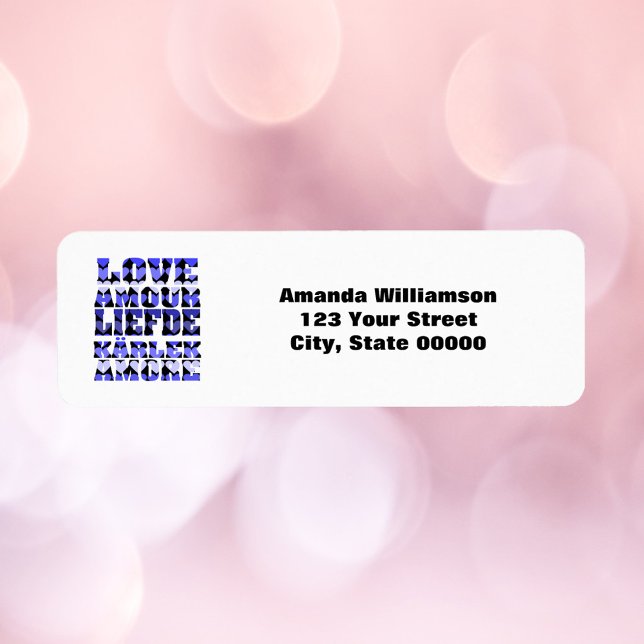 Returadressen Kärlek Language Blue Personalize Returadress Etikett (A return address label that says love with blue hearts along with text you can personalize!)
