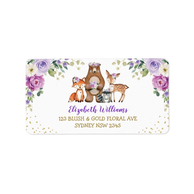 Returadressen Lavender Woodland Animals Blommigt Adressetikett (Framsidan)