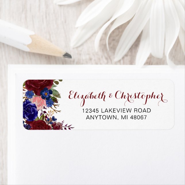 Returadressen Marsala Navy Personlig Blommigt  Returadress Etikett (Insitu)