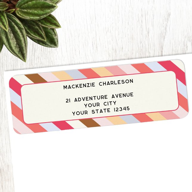 Returadressen Modern Diagonal Candy Rand Returadress Etikett (Warm diagonal candy striped personalized return address label)