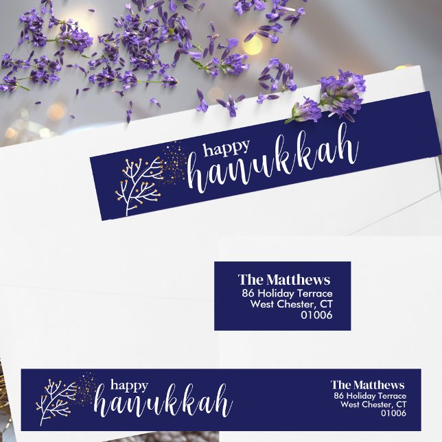 Returadressen Modern Script Blue & White Hanukkah Etikettband (Skapare uppladdad)