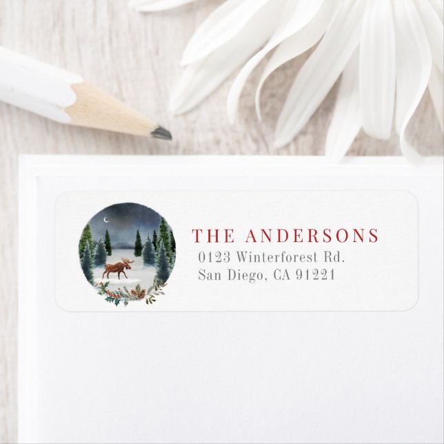 Returadressen Moose Winter Night Forest Returadress Etikett (Insitu)