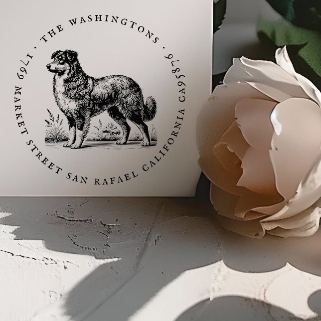 Returadressen Namn i Runda Vintage Hund Family Stämpel (Skapare uppladdad)