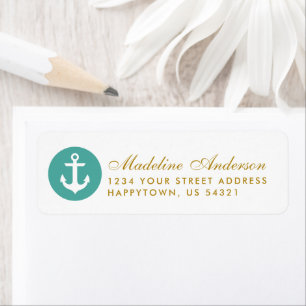 Returadressen Nautical Bröllop Teal Anchor Guld Returadress Etikett