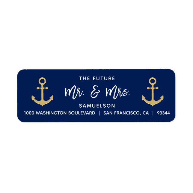 Returadressen Navy Blue Future Mr & Mrs Bröllop Returadress Etikett (Framsidan)