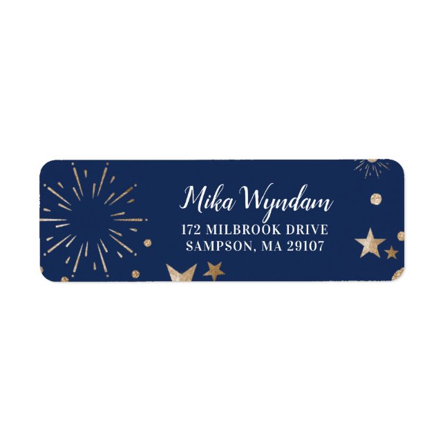 Returadressen Navy Glitter Stars och Fireworks Returadress Etikett (Framsidan)