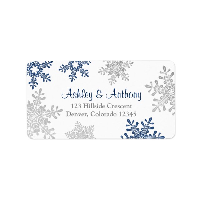 Returadressen Navy Silver Snowflake Bröllop Adressetikett (Framsidan)