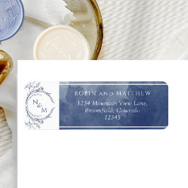 Returadressen Navy Watercolor, Monogram Bröllop Returadress Etikett