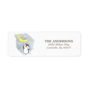 Returadressen Penguin Måne Watercolor Baby Shower Returadress Etikett