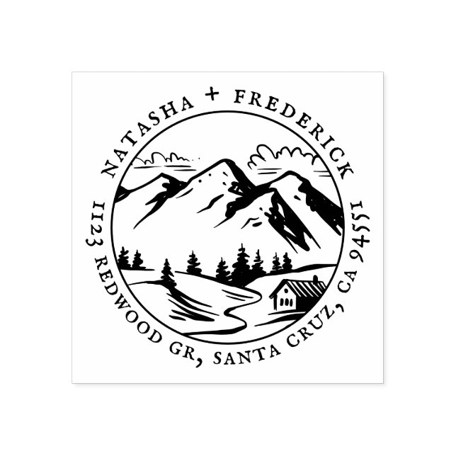 Returadressen Rustic Mountain Cabin Sketch Couple Stämpel (Tryck)