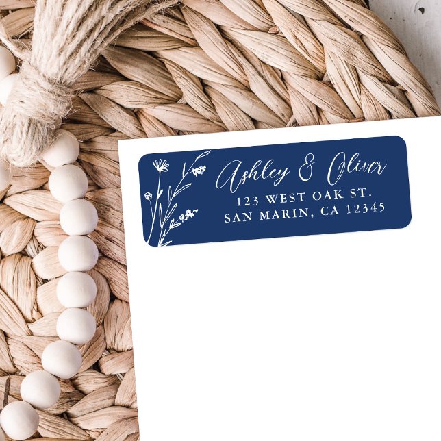 Returadressen Rustic Navy Blue Wildblomma Bröllop Returadress Etikett (Skapare uppladdad)