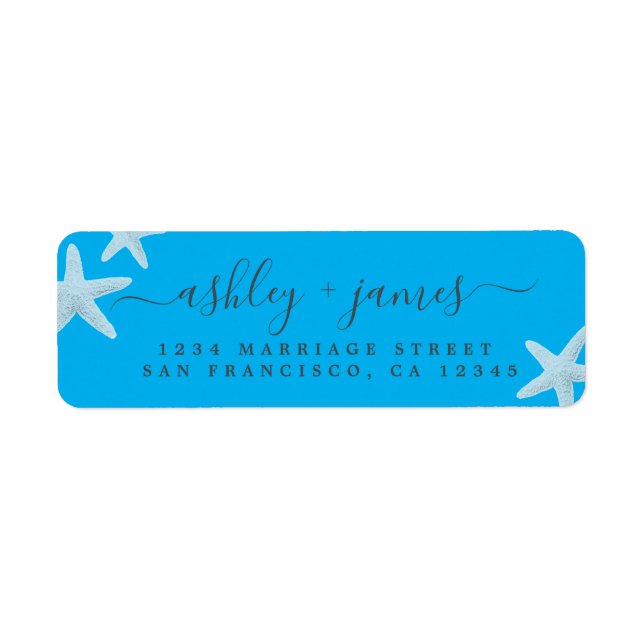 Returadressen Script Beach Starfish Blue Bröllop Returadress Etikett (Framsidan)