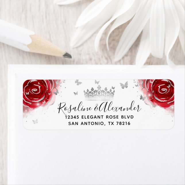 Returadressen silver och Röd ros Elegant Krona Returadress Etikett (Insitu)