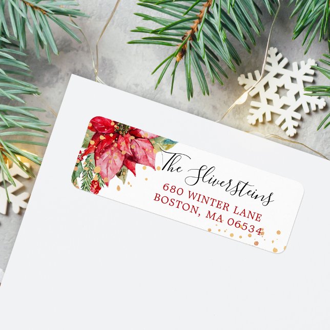 Returadressen Stänk vid jul Poinsettia Guld Returadress Etikett (Christmas Watercolor Poinsettia  with Faux Gold Splash Return Address Label)