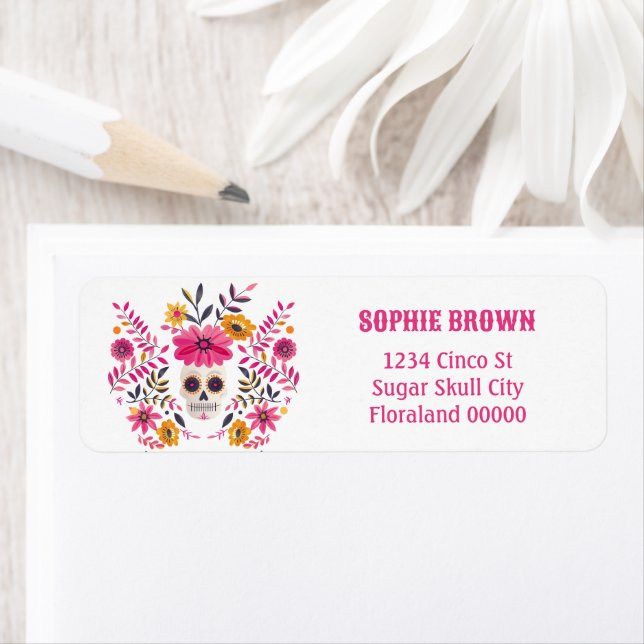 Returadressen Sugar Skull Fuchsia Mexican Flowers Returadress Etikett (Insitu)