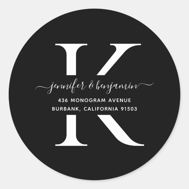 Returadressen Svartvit skript, Monogram Runt Klistermärke (Framsida)