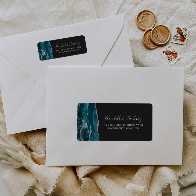 Returadressen Teal Silver Agate Mörk Bröllop Returadress Etikett (Skapare uppladdad)