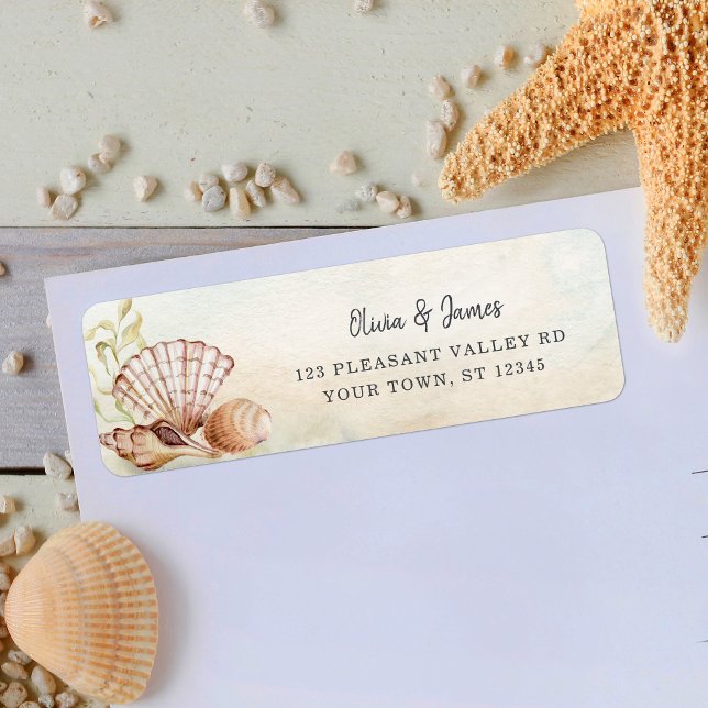 Returadressen Watercolor Beach Seashells Bröllop Returadress Etikett (Skapare uppladdad)