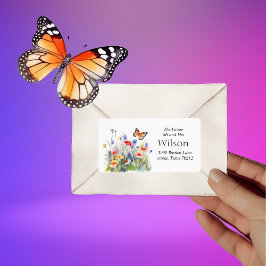 Returadressen Watercolor Butterfly och Wildblomma Adressetikett