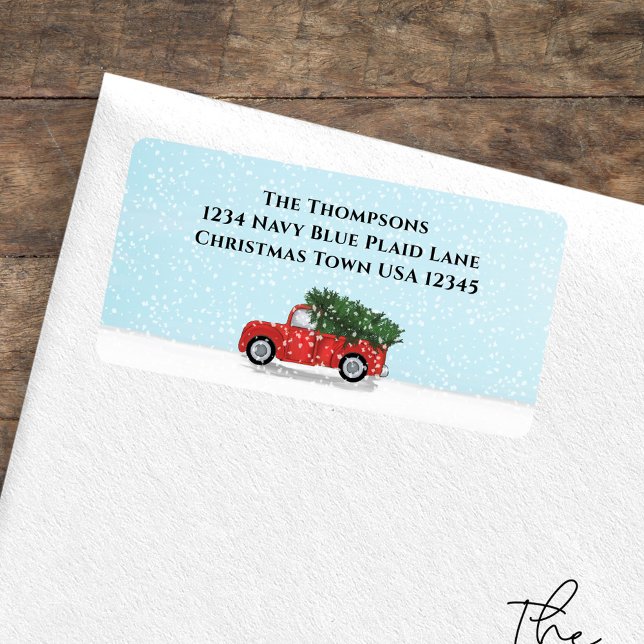 Returadressen Watercolor Red Lastbil, , jul Adressetikett (Vintage red truck Christmas return address label. With classic Christmas tree artwork)