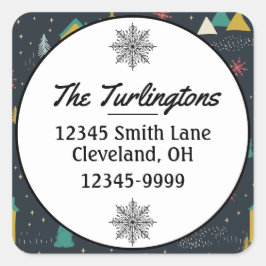 Returadressen Winter Night Snöflingor Houses Fyrkantigt Klistermärke
