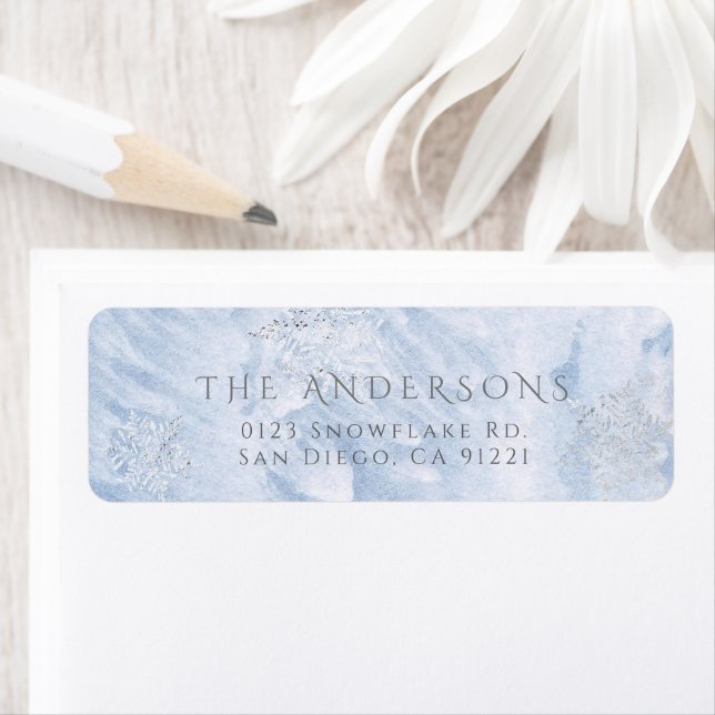 Returadressen Winter Silver Snowflake Blue, fryst Returadress Etikett (Insitu)