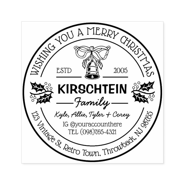 Returadressens julfamilj Bell Holly Berries Stämpel (Tryck)