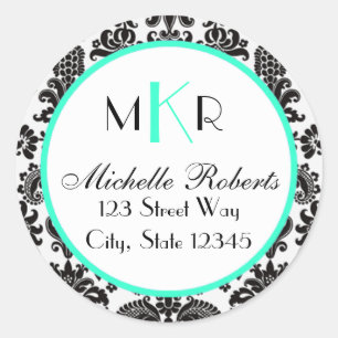 Returadressetikett för Black & Aqua Damask Round Runt Klistermärke