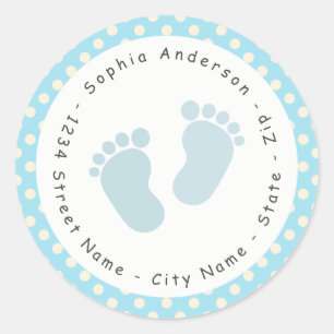 Returadressetikett för Blue Footprint Baby Shower Runt Klistermärke