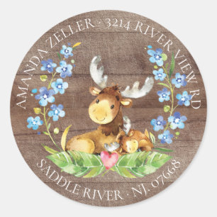Returadressetikett för Cute Moose Baby Shower Runt Klistermärke