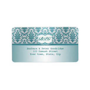 Returadressetikett för Damask teal monogram Adressetikett