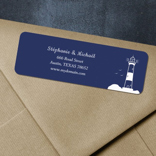 Returadressetikett för fyr, marinblå Bröllop-retur Returadress Etikett (Lighthouse Navy Blue Wedding Return Address Label)