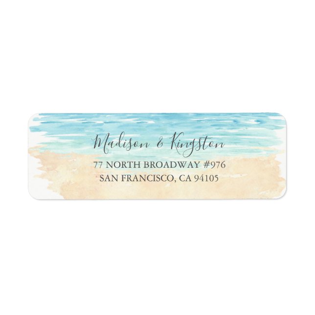 Returadressetikett för Watercolor Beach Wedding Returadress Etikett (Framsidan)