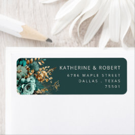 Returadressetikett för Watercolor Teal Guld Blommi Returadress Etikett