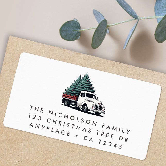 Returadressetikett | Julgransbil Vit Adressetikett (Retro vintage Christmas tree delivery truck address labels for Holiday card mail & festive parcels)
