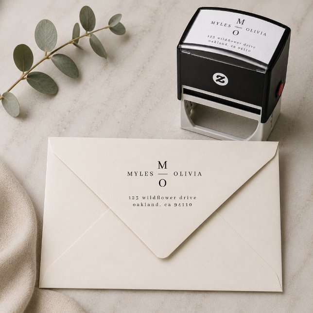 Returadressstämpel | Brudpar Monogram Självfärgande Stämpel (Custom wedding return address stamp with couple monogram for invitations and save the dates.)