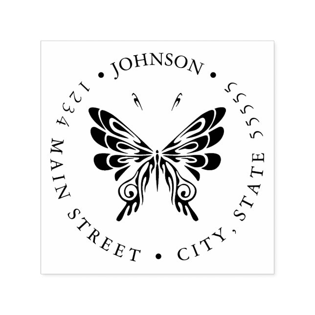 Returetikett för svart och vit Blommigt-Butterfly Självfärgande Stämpel (Design)