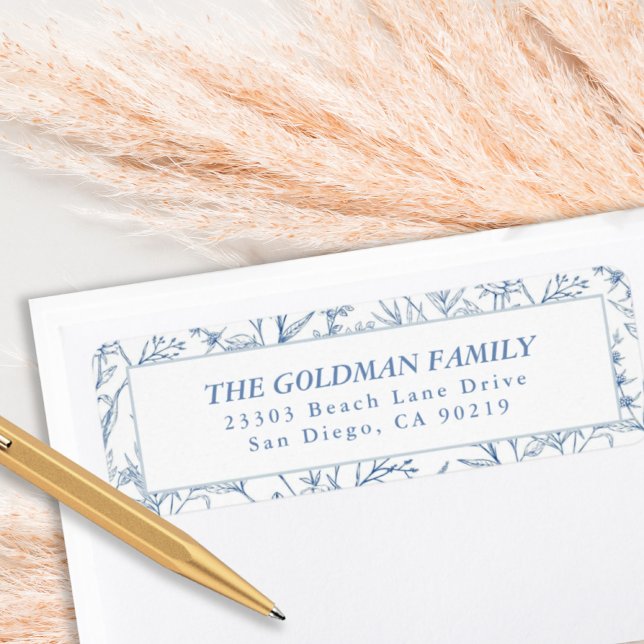 Returetiketter för Blommigten elegant blått diagra Returadress Etikett (Elegant Blue Toile Floral Return Address Labels)