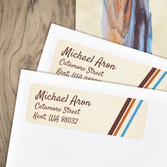 Returetiketter för brun och blå Rand Returadress Etikett (retro 80s diagonal stripes mailing address labels stickers for personalized brown blue stationary)
