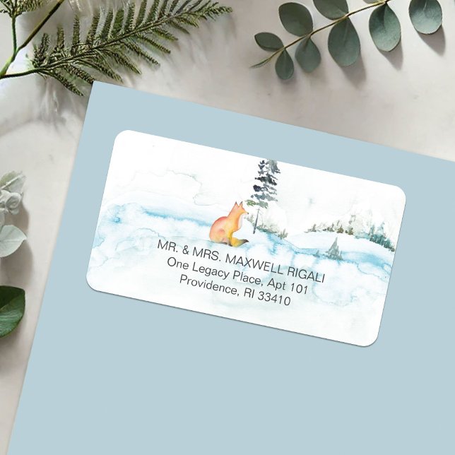 Returetiketter för julfärgsfox adressetikett (Christmas return address labels watercolor fox winter scene and pine tree art Do Tell A Belle)