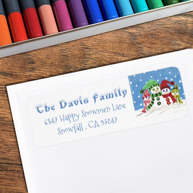 returetiketter för personligens Snögubbar Returadress Etikett (Personalized snowmen family return address labels .)