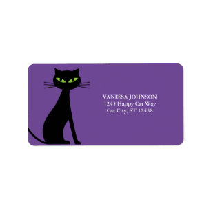 Returetiketter för svart katt och Lila Cute Adressetikett